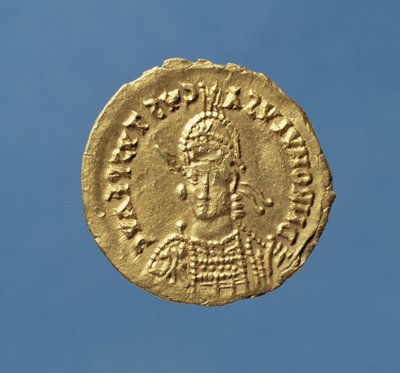 Solidus (obverse) of Romulus Augustulus (475-476) helmeted, cuirassed, with spear over right shoulder, shield on left by Roman